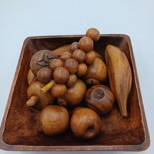 Vintage Beautiful 10" Square Wood Bowl with 12 pcs Carved‎ Wood Fruit